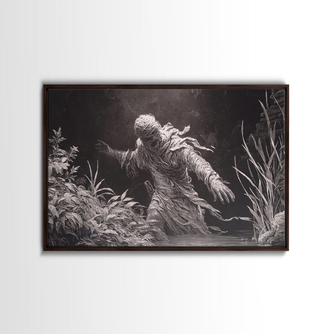 The Bog Mummy, Architectural Etching Art, Landscape Wall Art, Dark Halloween Decor, Framed Canvas Print, Halloween Wall Art
