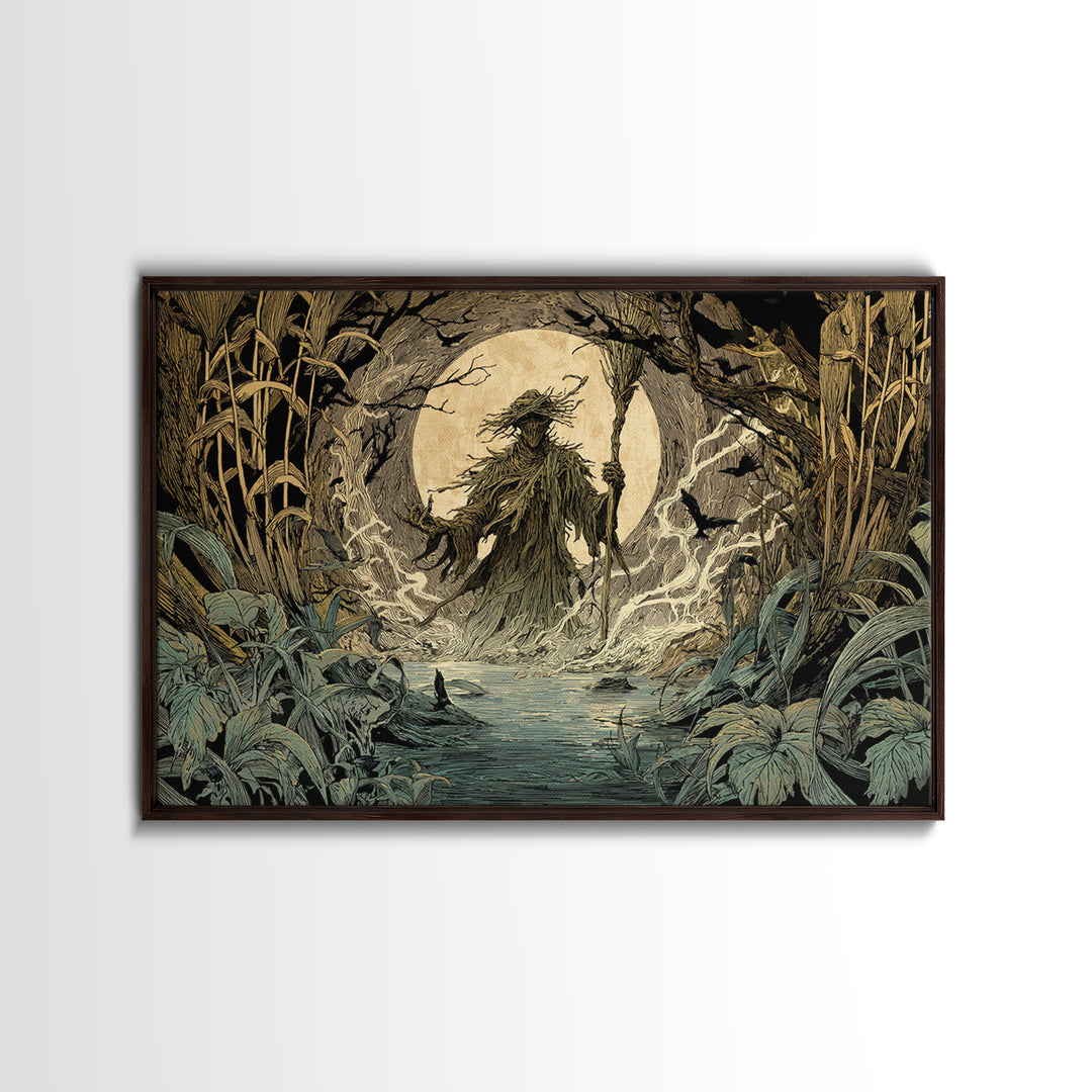 The Bog Mummy, Gothic Storybook Art, Landscape Wall Art, Dark Halloween Decor, Framed Canvas Print, Halloween Wall Art
