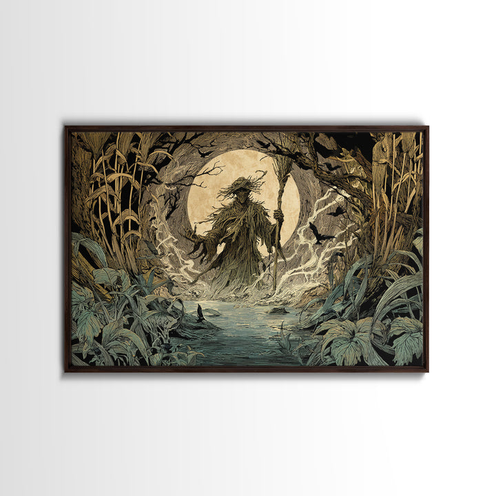 The Bog Mummy, Gothic Storybook Art, Landscape Wall Art, Dark Halloween Decor, Framed Canvas Print, Halloween Wall Art