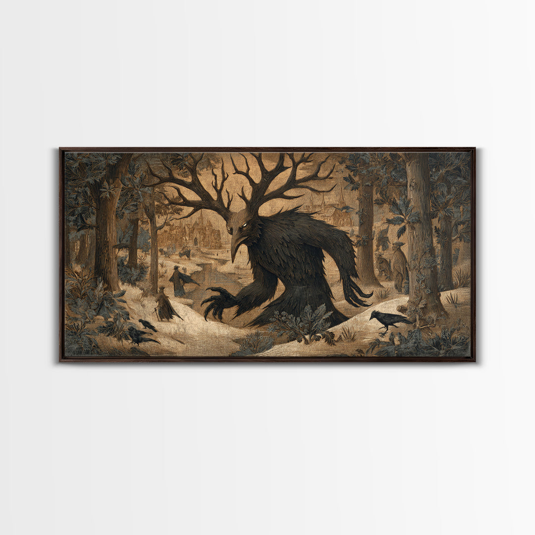 The Antlered Forest Spirit, Northern Renaissance Horror, Wide Panoramic Art, Macabre Wall Art, Canvas Print, Halloween Wall Art