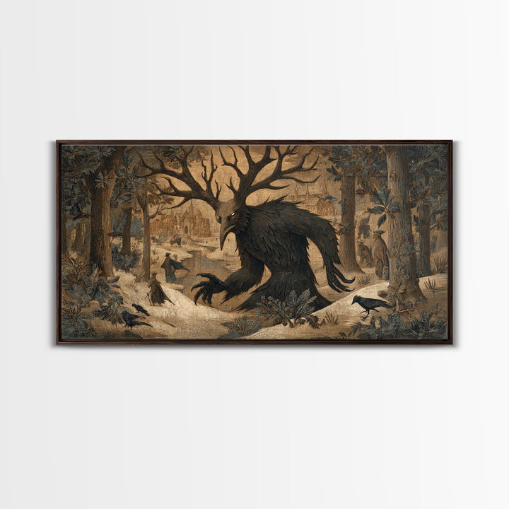 The Antlered Forest Spirit, Northern Renaissance Horror, Wide Panoramic Art, Macabre Wall Art, Canvas Print, Halloween Wall Art
