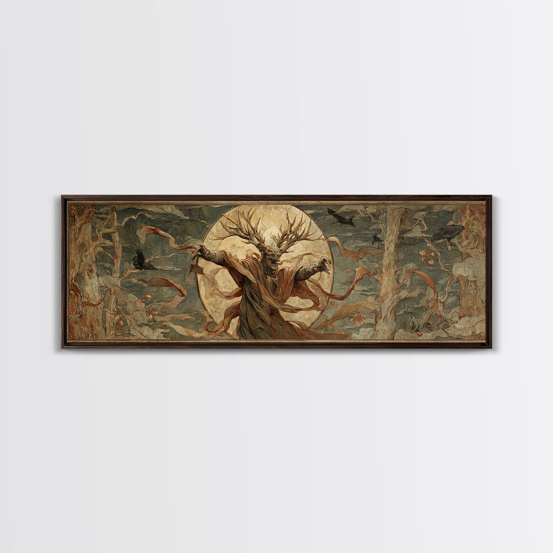 The Antlered Forest Spirit, Dark Renaissance Art, Extra Wide Wall Art, Macabre Wall Art, Canvas Print, Halloween Wall Art