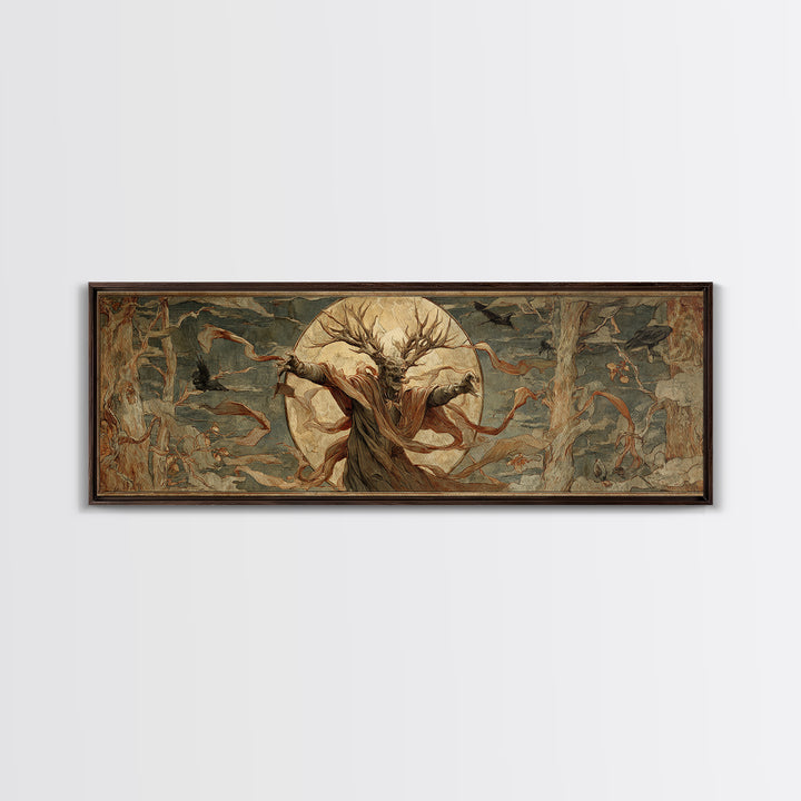 The Antlered Forest Spirit, Dark Renaissance Art, Extra Wide Wall Art, Macabre Wall Art, Canvas Print, Halloween Wall Art