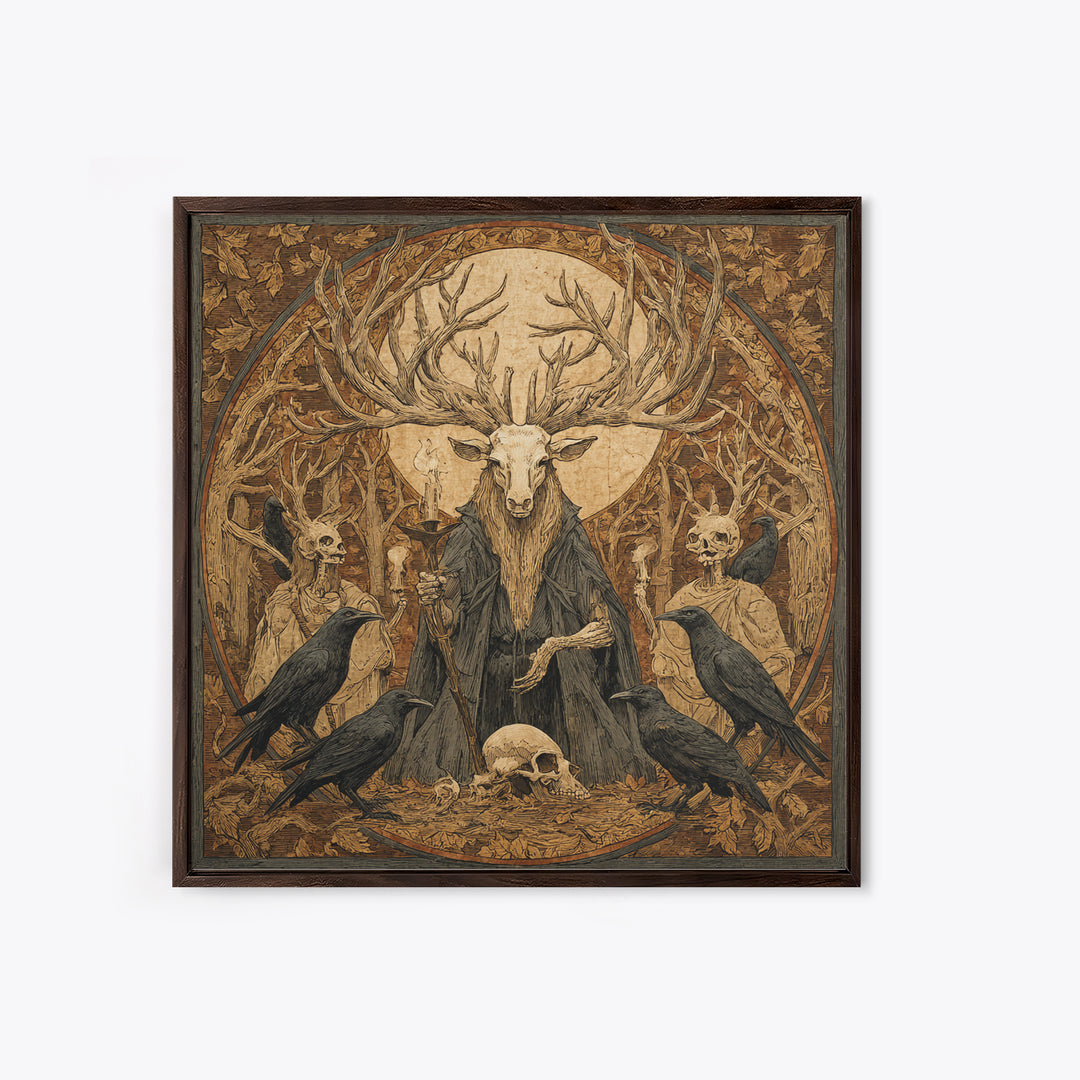 The Antlered Forest Spirit, Danse Macabre Art, Square Wall Art, Dark Halloween Decor, Framed Canvas Print