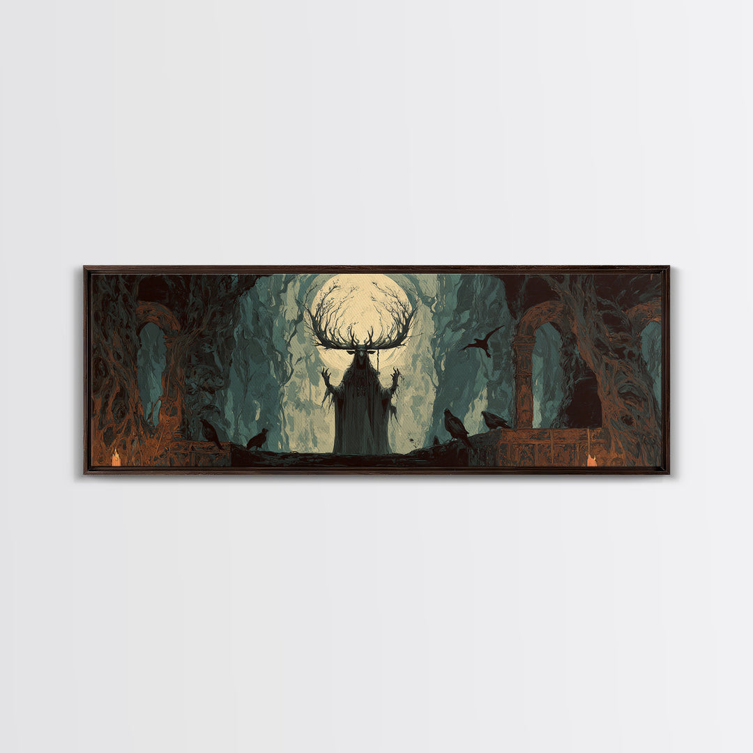 The Antlered Forest Spirit, Dark Romantic Horror Art, Extra Wide Wall Art, Dark Halloween Decor, Canvas Print, Halloween Wall Art