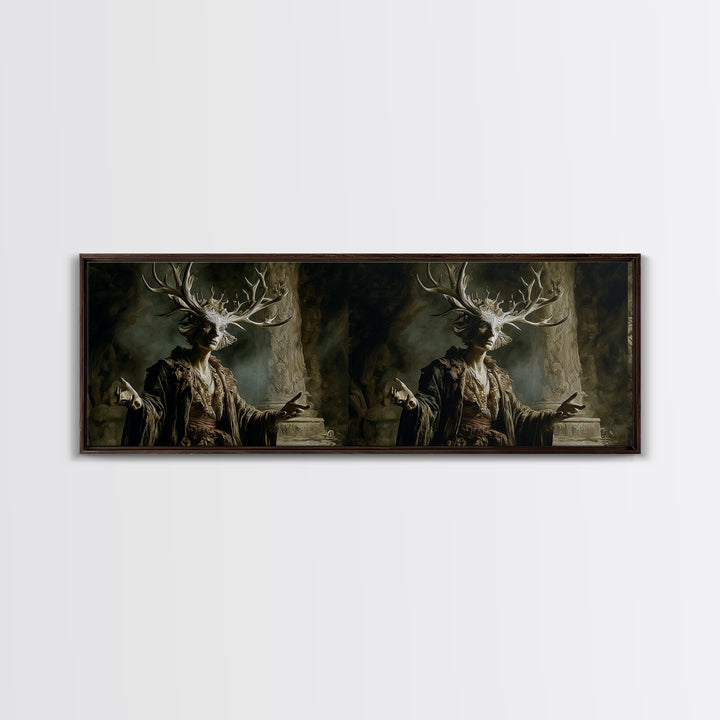 The Antlered Forest Spirit, Gothic Nightmare Art, Extra Wide Wall Art, Dark Fantasy Wall Art, Framed Canvas Print, Halloween Wall Art