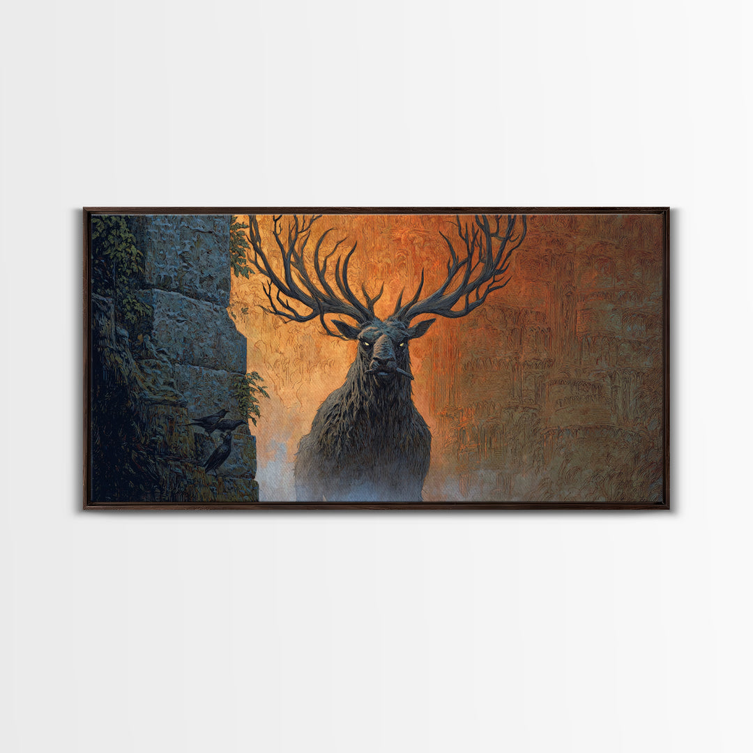 The Antlered Forest Spirit, Apocalyptic Romantic Art, Wide Panoramic Art, Gothic Horror Wall Art, Canvas Print, Halloween Wall Art