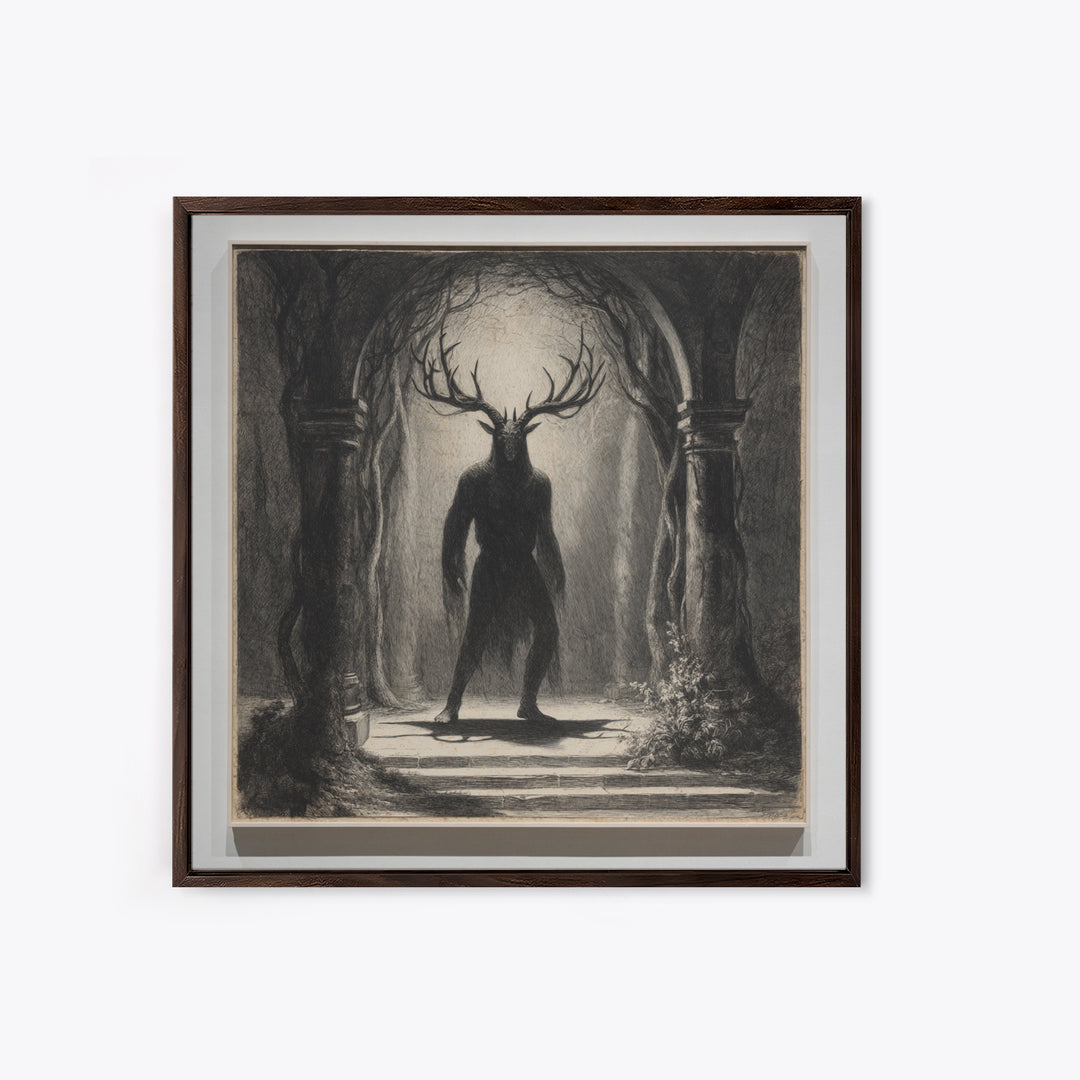 The Antlered Forest Spirit, Symbolist Dream Art, Square Wall Art, Macabre Wall Art, Canvas Print, Halloween Wall Art