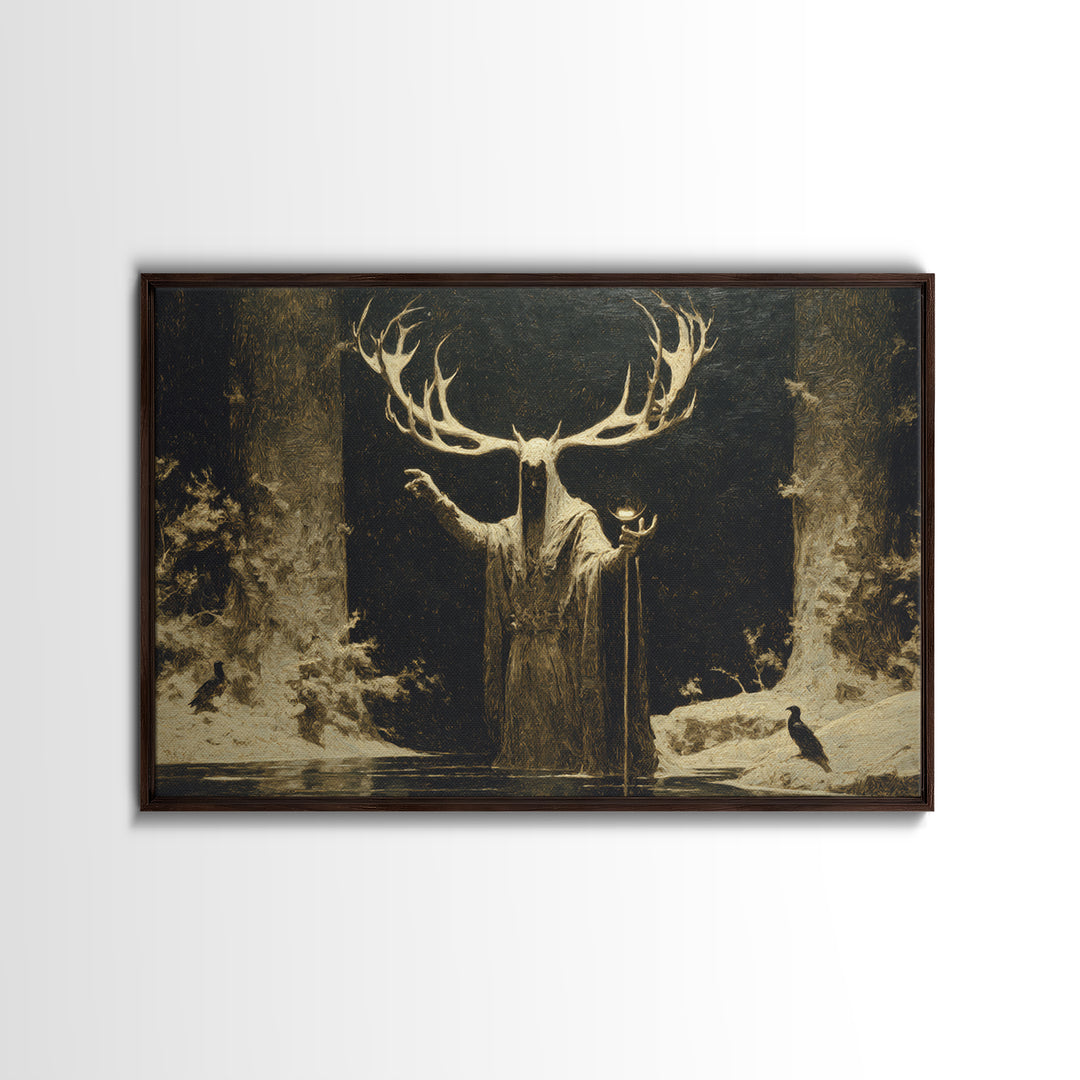 The Antlered Forest Spirit, Symbolist Gothic Landscape, Landscape Wall Art, Dark Fantasy Wall Art, Framed Canvas Print, Halloween Wall Art
