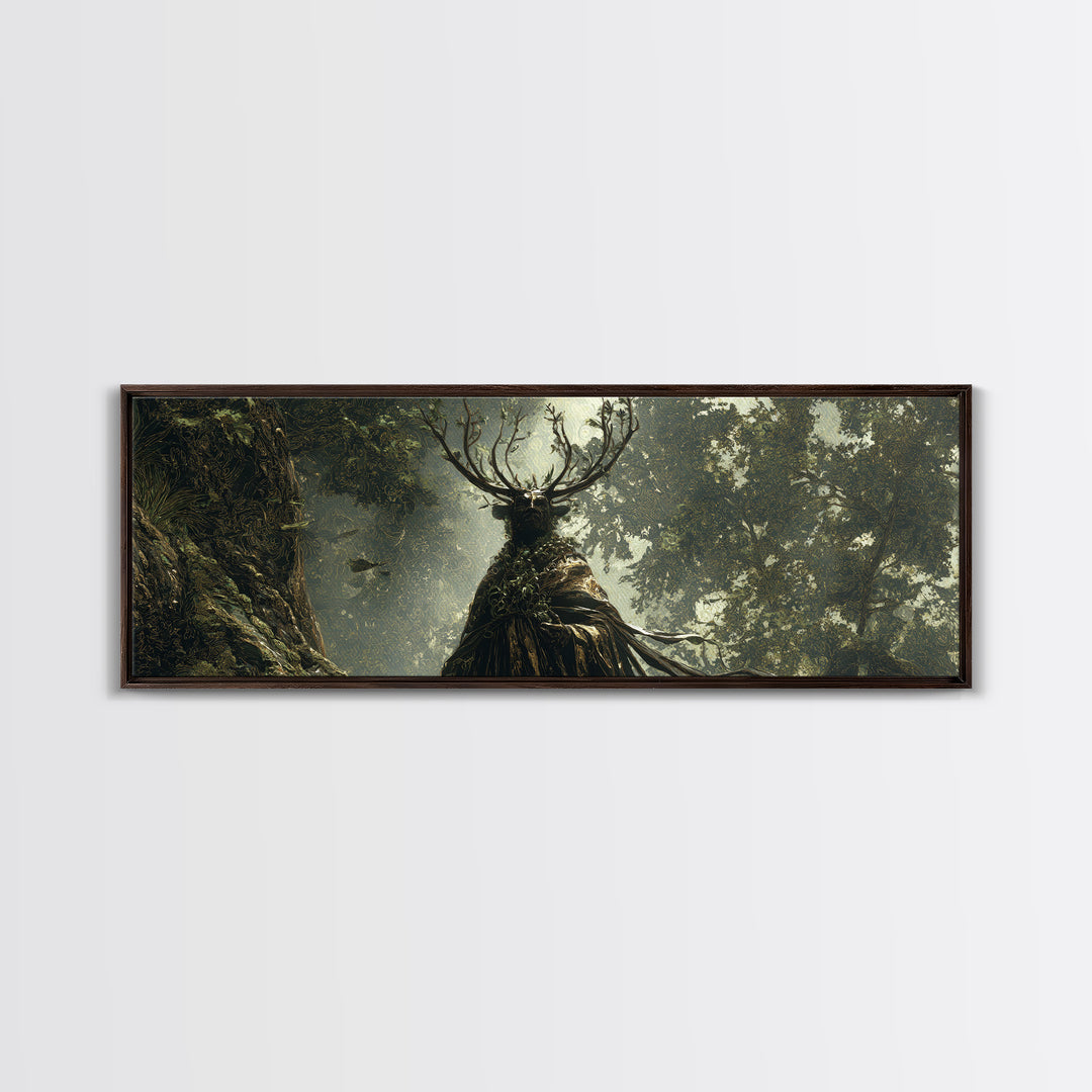 The Antlered Forest Spirit, Ornate Symbolist Art, Extra Wide Wall Art, Macabre Wall Art, Framed Canvas Print, Halloween Wall Art