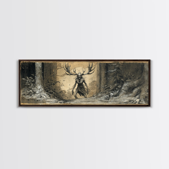 The Antlered Forest Spirit, Decadent Gothic Art, Extra Wide Wall Art, Macabre Wall Art, Framed Canvas Print, Halloween Wall Art