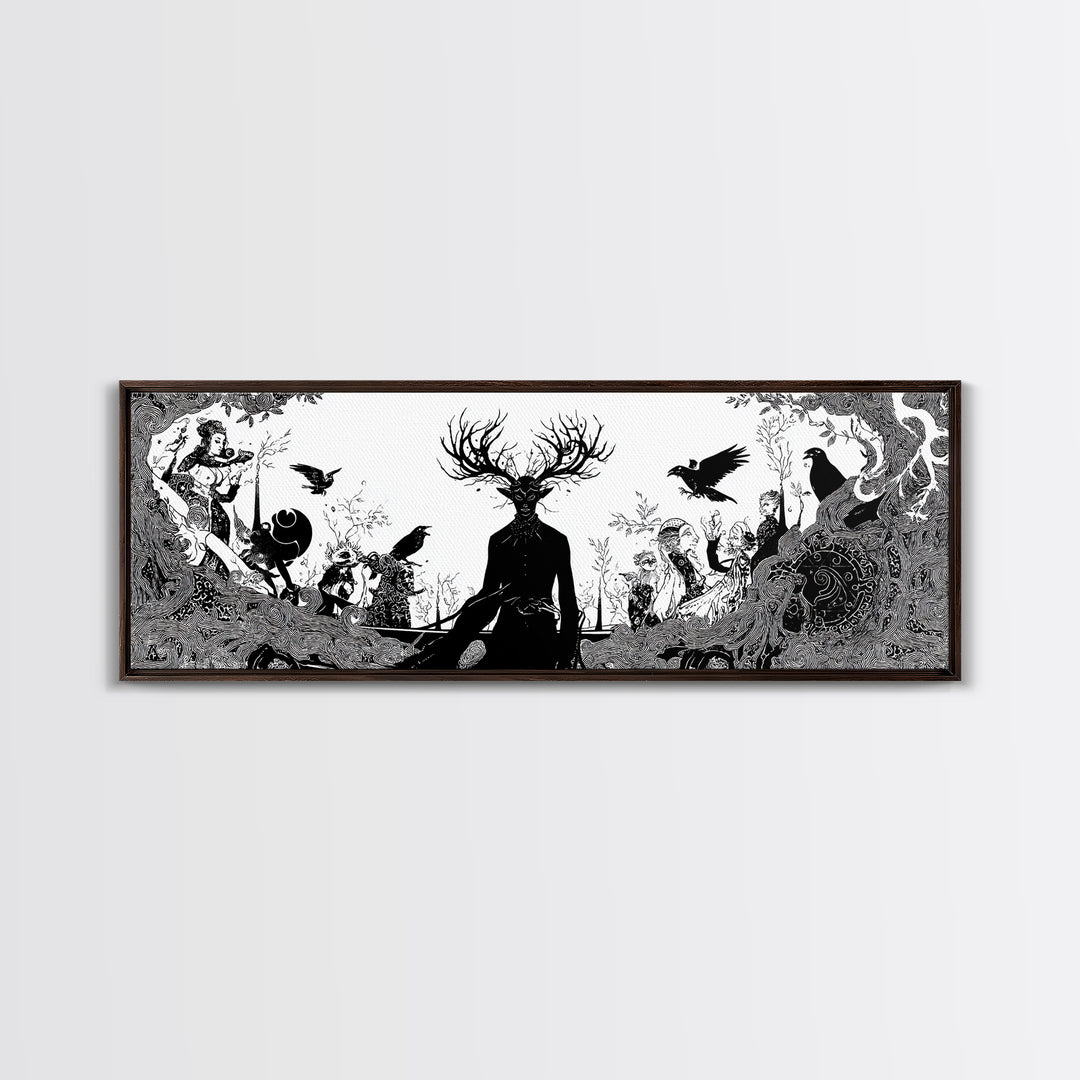 The Antlered Forest Spirit, Decadent Line Art, Extra Wide Wall Art, Dark Fantasy Wall Art, Canvas Print, Halloween Wall Art