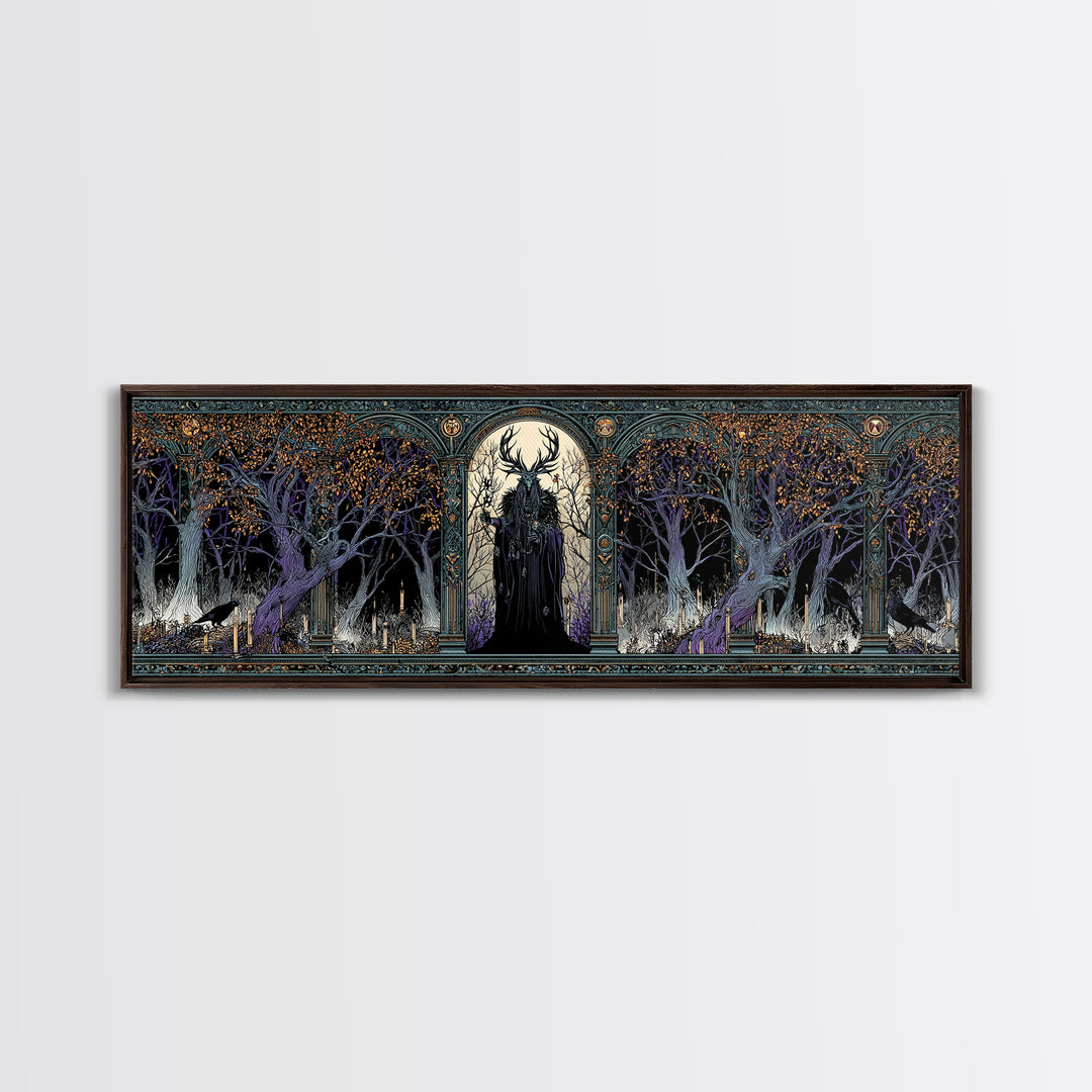 The Antlered Forest Spirit, Stained Glass Gothic Art, Extra Wide Wall Art, Dark Fantasy Wall Art, Framed Canvas Print, Halloween Wall Art