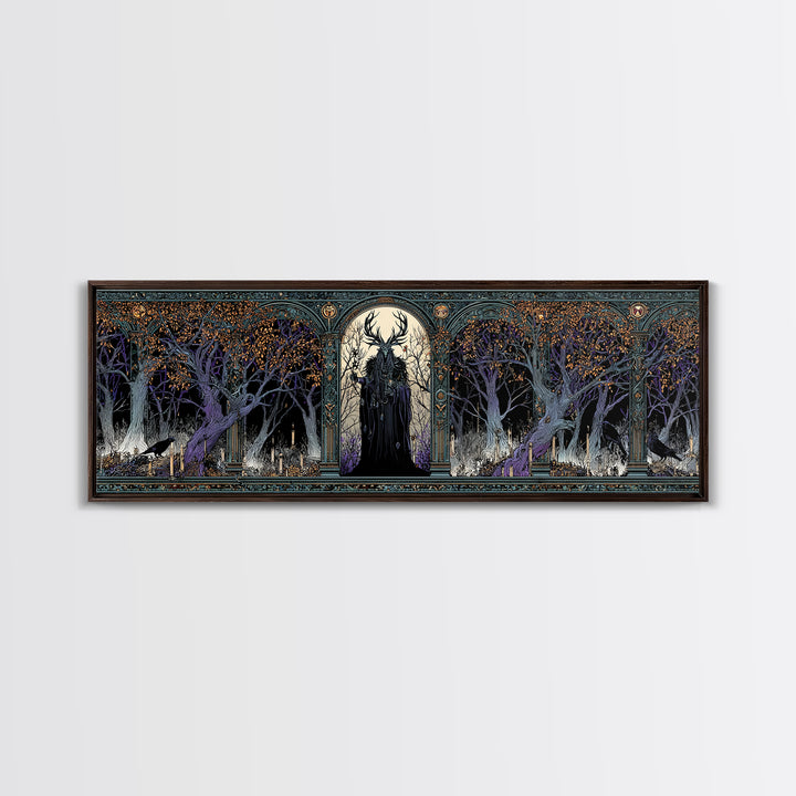 The Antlered Forest Spirit, Stained Glass Gothic Art, Extra Wide Wall Art, Dark Fantasy Wall Art, Framed Canvas Print, Halloween Wall Art