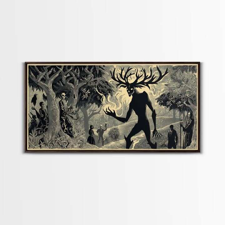 The Antlered Forest Spirit, Macabre Folk Print Art, Wide Panoramic Art, Dark Fantasy Wall Art, Canvas Print, Halloween Wall Art
