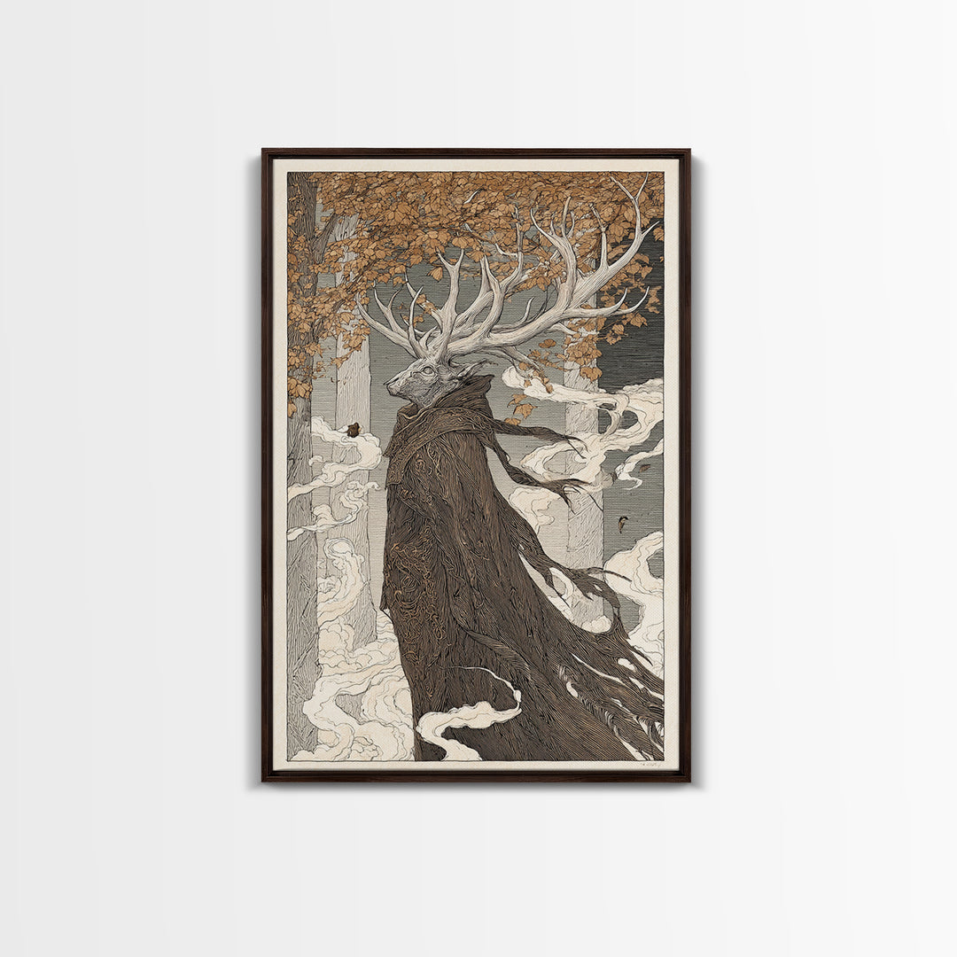 The Antlered Forest Spirit, Victorian Macabre Art, Vertical Wall Art, Gothic Horror Wall Art, Framed Canvas Print, Halloween Wall Art