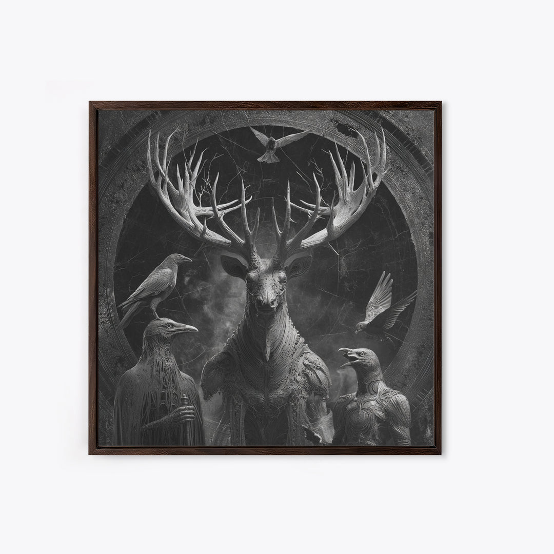 The Antlered Forest Spirit, Biomechanical Horror Art, Square Wall Art, Gothic Horror Wall Art, Canvas Print, Halloween Wall Art