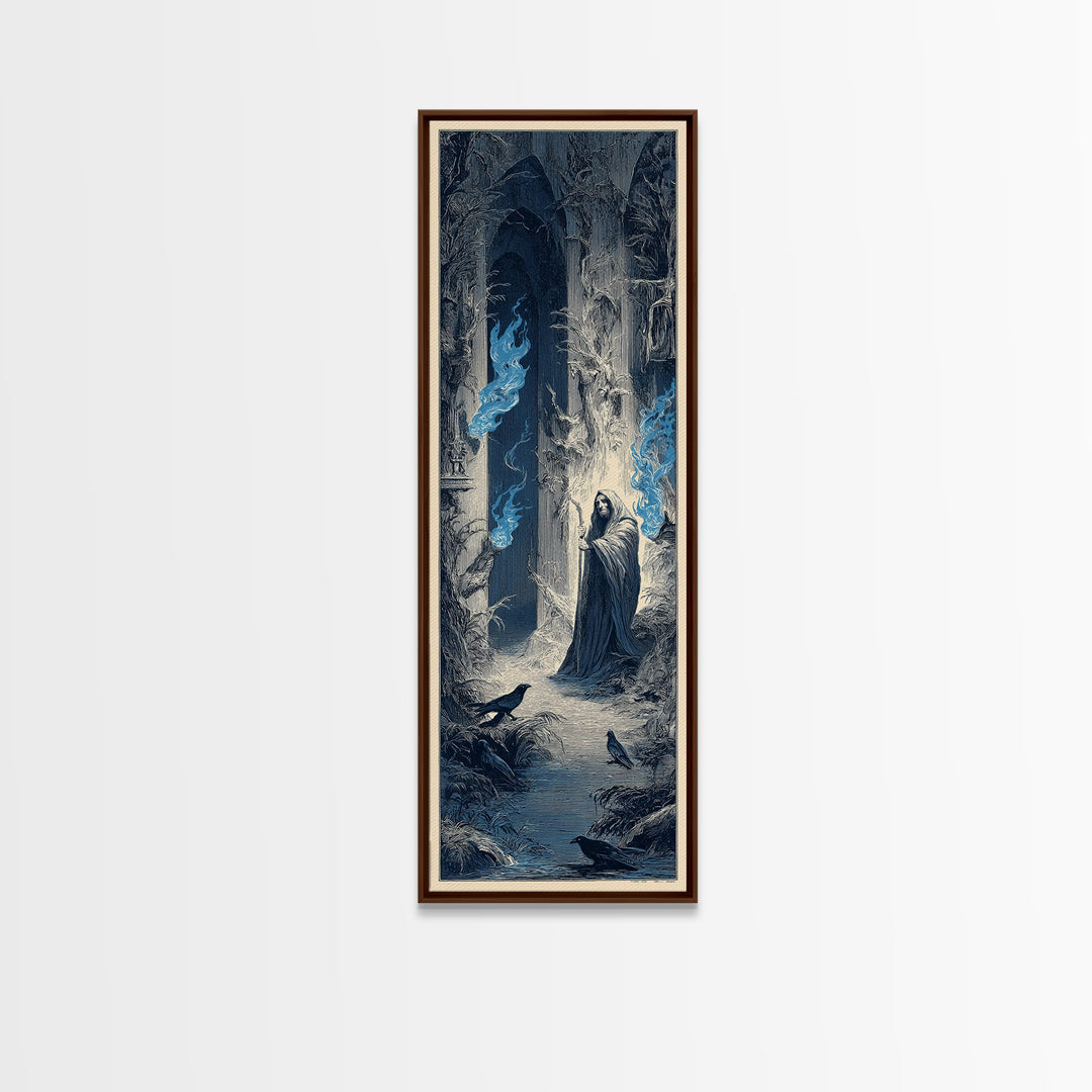 The Will-O'-The-Wisp Shepherd, Gothic Engraving Art, Tall Narrow Wall Art, Macabre Wall Art, Framed Canvas Print, Halloween Wall Art