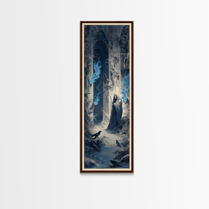 The Will-O'-The-Wisp Shepherd, Gothic Engraving Art, Tall Narrow Wall Art, Macabre Wall Art, Framed Canvas Print, Halloween Wall Art