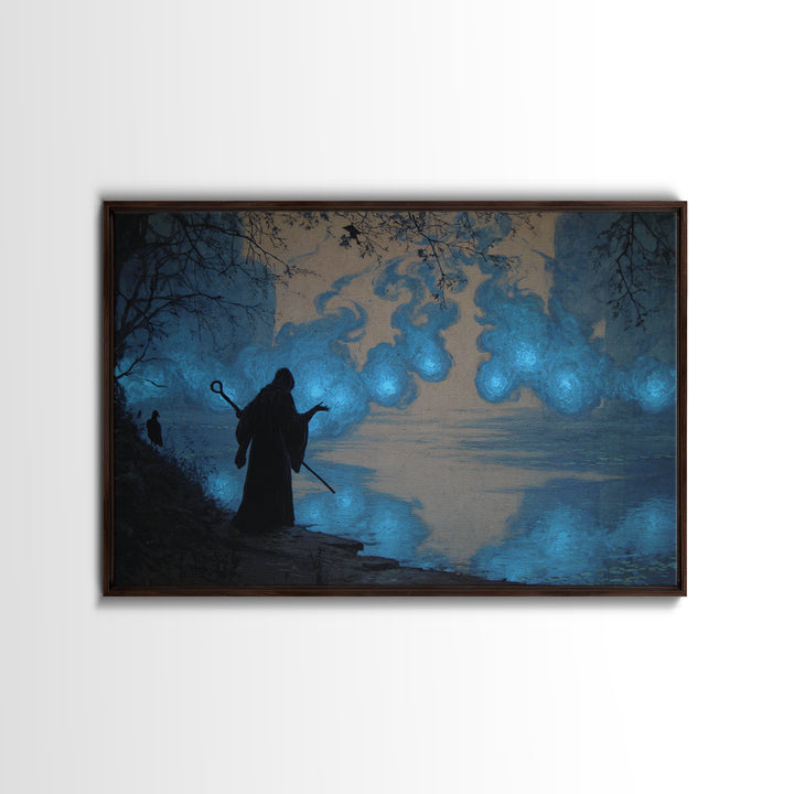 The Will-O'-The-Wisp Shepherd, Dark Symbolist Art, Landscape Wall Art, Macabre Wall Art, Framed Canvas Print, Halloween Wall Art