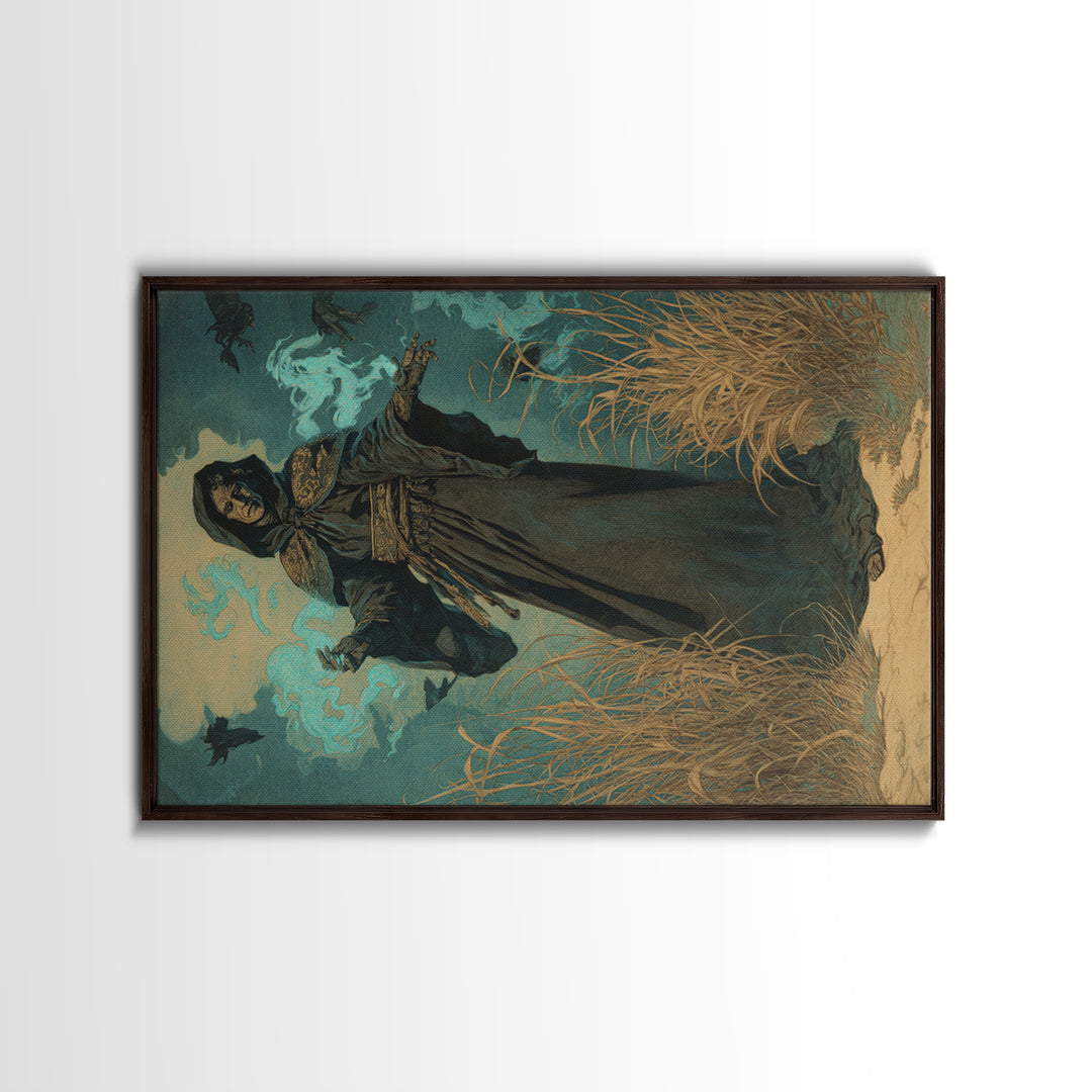 The Will-O'-The-Wisp Shepherd, Symbolist Etching Art, Landscape Wall Art, Dark Halloween Decor, Canvas Print, Halloween Wall Art