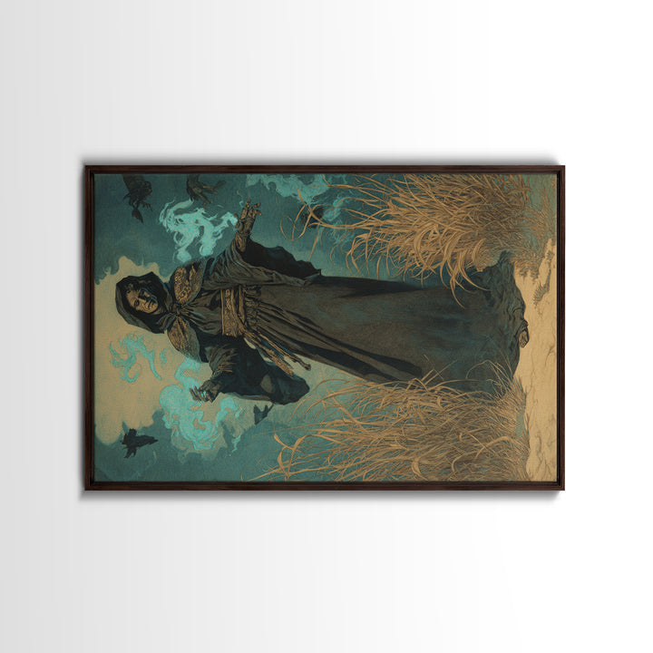 The Will-O'-The-Wisp Shepherd, Symbolist Etching Art, Landscape Wall Art, Dark Halloween Decor, Canvas Print, Halloween Wall Art