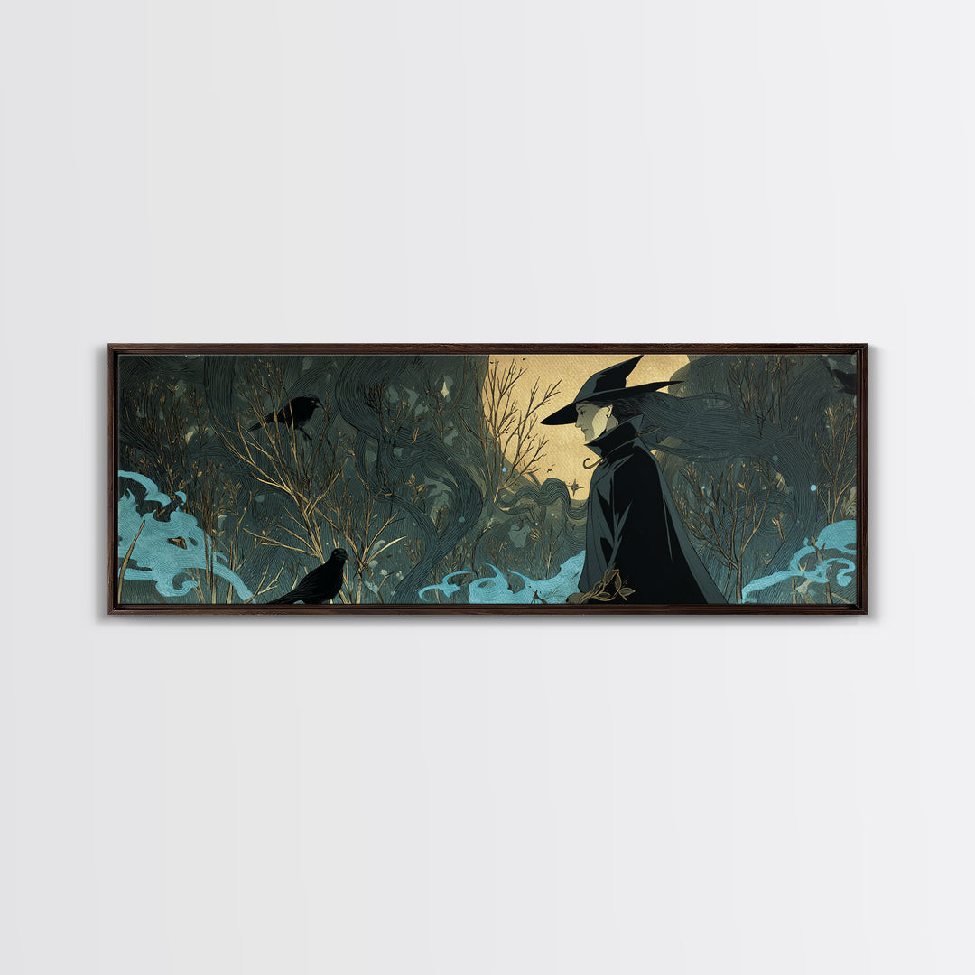 The Will-O'-The-Wisp Shepherd, Decadent Line Art, Extra Wide Wall Art, Dark Fantasy Wall Art, Canvas Print, Halloween Wall Art