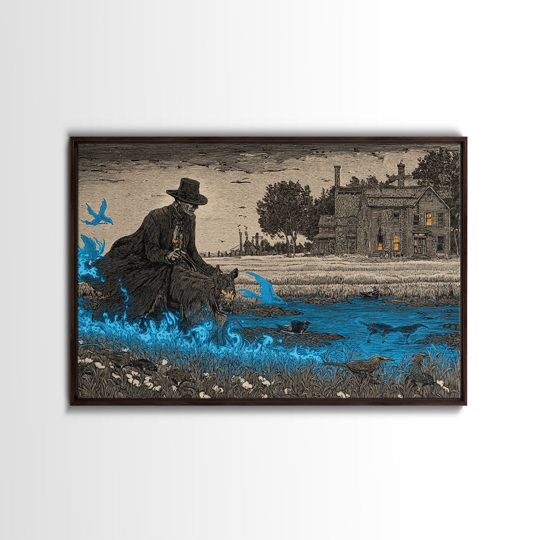 The Will-O'-The-Wisp Shepherd, Victorian Macabre Art, Landscape Wall Art, Dark Fantasy Wall Art, Framed Canvas Print, Halloween Wall Art