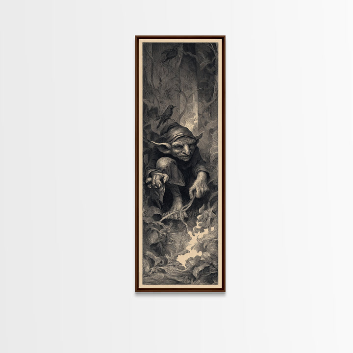 The Pumpkin Patch Goblin, Gothic Engraving Art, Tall Narrow Wall Art, Gothic Horror Wall Art, Framed Canvas Print, Halloween Wall Art