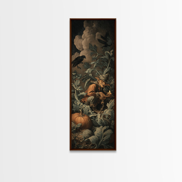 The Pumpkin Patch Goblin, Architectural Etching Art, Tall Narrow Wall Art, Dark Halloween Decor, Framed Canvas Print