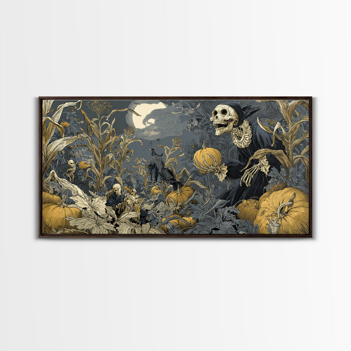 The Pumpkin Patch Goblin, Macabre Folk Print Art, Wide Panoramic Art, Dark Halloween Decor, Framed Canvas Print