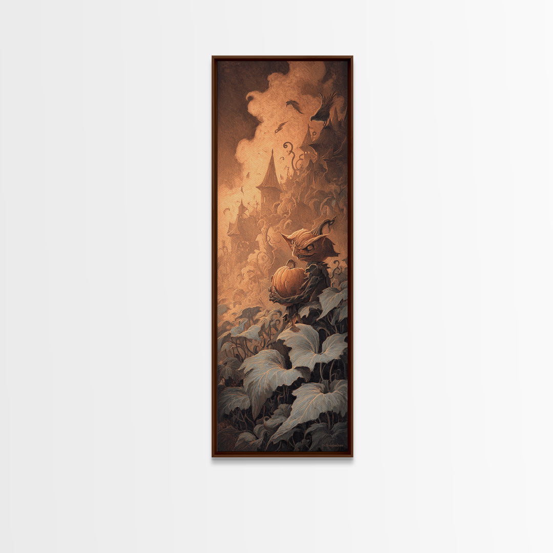 The Pumpkin Patch Goblin, Surreal Apocalyptic Art, Tall Narrow Wall Art, Dark Halloween Decor, Framed Canvas Print