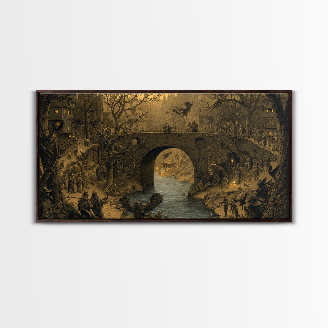 The Bridge Troll At Midnight, Northern Renaissance Horror, Wide Panoramic Art, Gothic Horror Wall Art, Framed Canvas Print