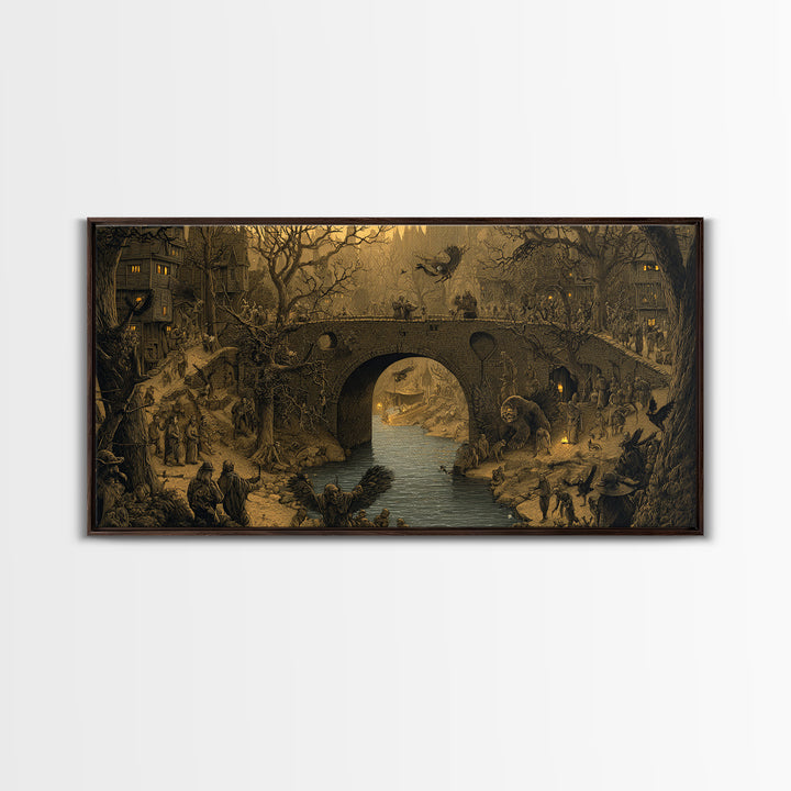 The Bridge Troll At Midnight, Northern Renaissance Horror, Wide Panoramic Art, Gothic Horror Wall Art, Framed Canvas Print
