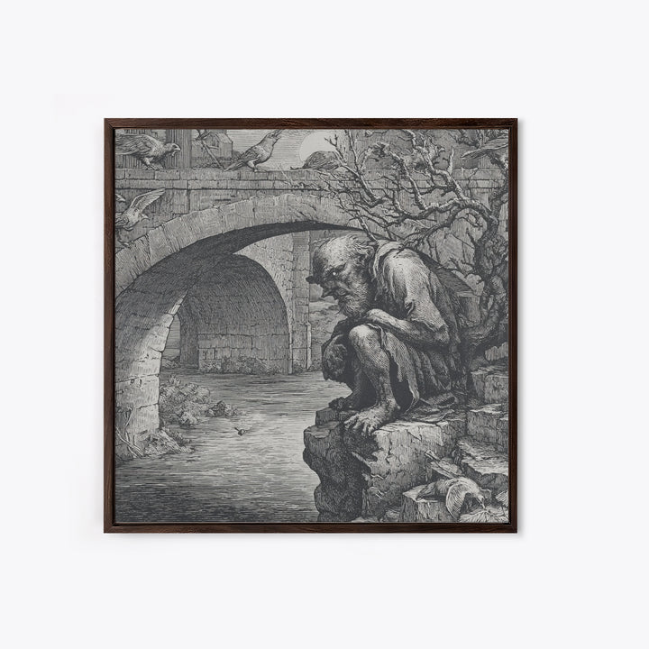 The Bridge Troll At Midnight, Renaissance Engraving Art, Square Wall Art, Gothic Horror Wall Art, Canvas Print, Halloween Wall Art