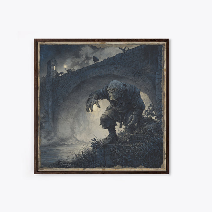 The Bridge Troll At Midnight, Danse Macabre Art, Square Wall Art, Macabre Wall Art, Framed Canvas Print, Halloween Decor