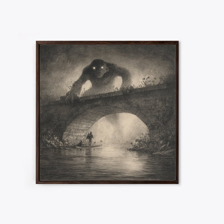 The Bridge Troll At Midnight, Symbolist Dream Art, Square Wall Art, Gothic Horror Wall Art, Framed Canvas Print, Halloween Wall Art