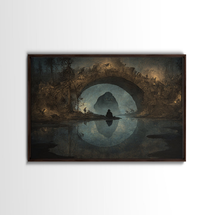 The Bridge Troll At Midnight, Symbolist Gothic Landscape, Landscape Wall Art, Dark Halloween Decor, Canvas Print, Halloween Wall Art