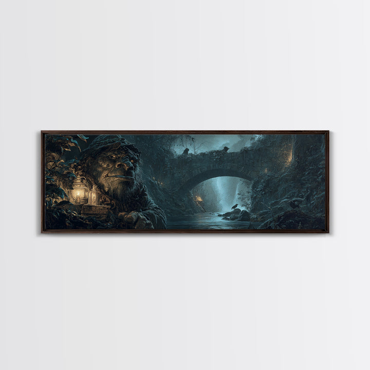 The Bridge Troll At Midnight, Ornate Symbolist Art, Extra Wide Wall Art, Dark Halloween Decor, Framed Canvas Print