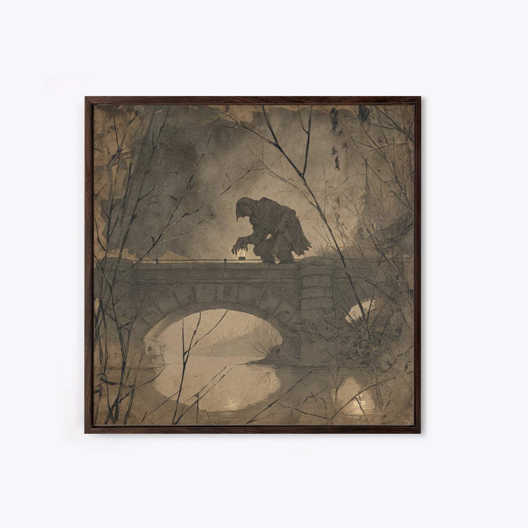 The Bridge Troll At Midnight, Decadent Gothic Art, Square Wall Art, Gothic Horror Wall Art, Canvas Print, Halloween Wall Art