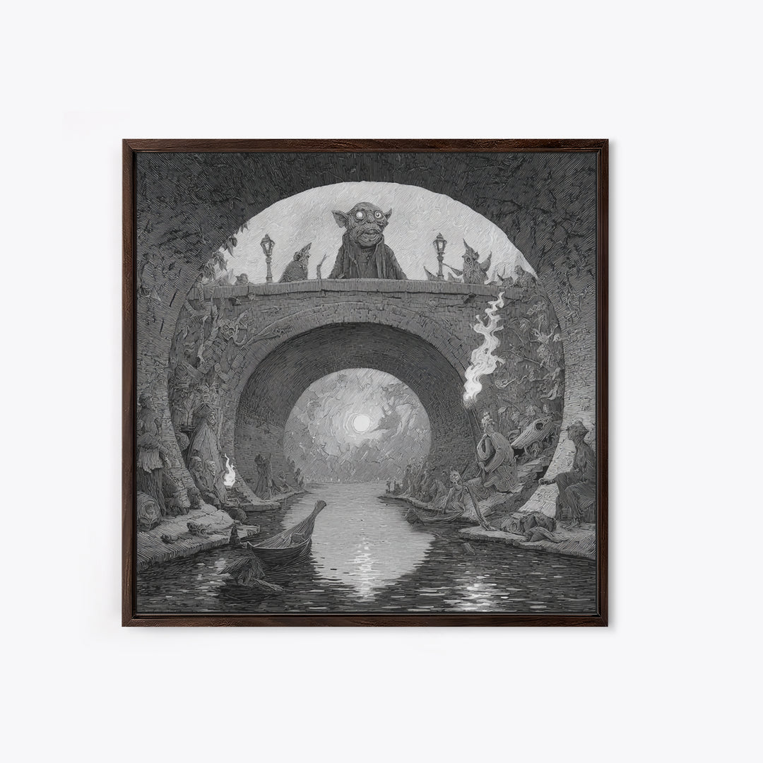 The Bridge Troll At Midnight, Expressionist Nightmare Art, Square Wall Art, Macabre Wall Art, Framed Canvas Print, Halloween Wall Art