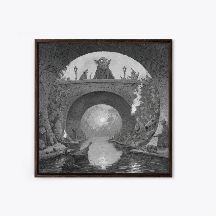 The Bridge Troll At Midnight, Expressionist Nightmare Art, Square Wall Art, Macabre Wall Art, Framed Canvas Print, Halloween Wall Art