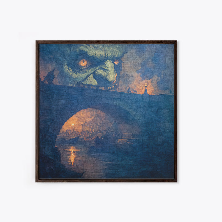 The Bridge Troll At Midnight, Grotesque Carnival Art, Square Wall Art, Dark Halloween Decor, Framed Canvas Print, Halloween Wall Art