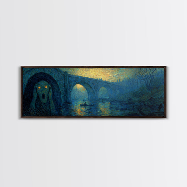 The Bridge Troll At Midnight, Expressionist Gothic Art, Extra Wide Wall Art, Gothic Horror Wall Art, Framed Canvas Print, Spooky Wall Decor