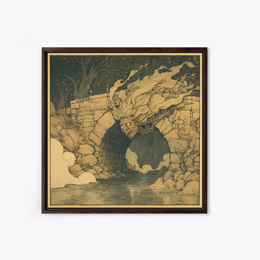 The Bridge Troll At Midnight, Gothic Storybook Art, Square Wall Art, Macabre Wall Art, Framed Canvas Print, Halloween Wall Art