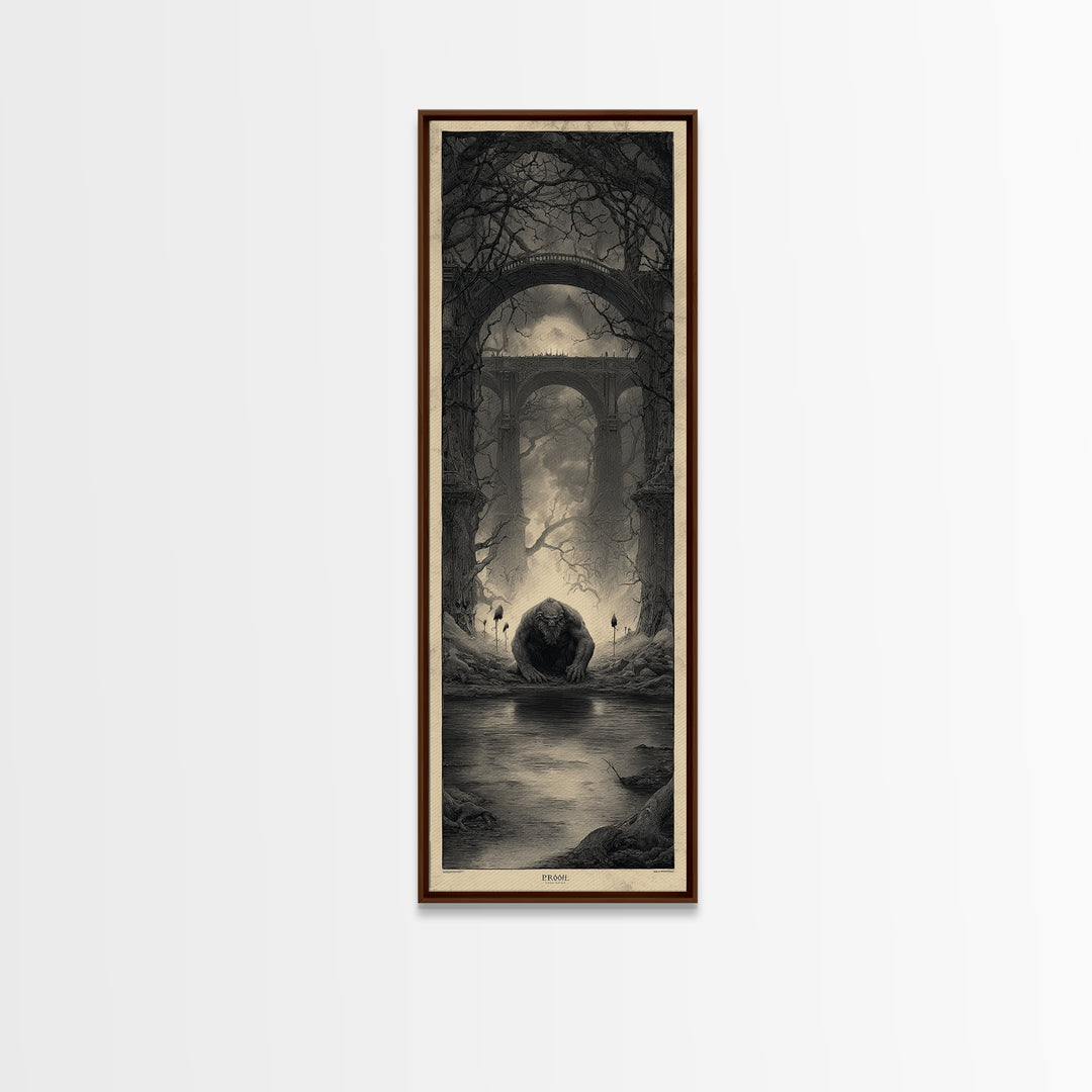 The Bridge Troll At Midnight, Surreal Apocalyptic Art, Tall Narrow Wall Art, Gothic Horror Wall Art, Canvas Print