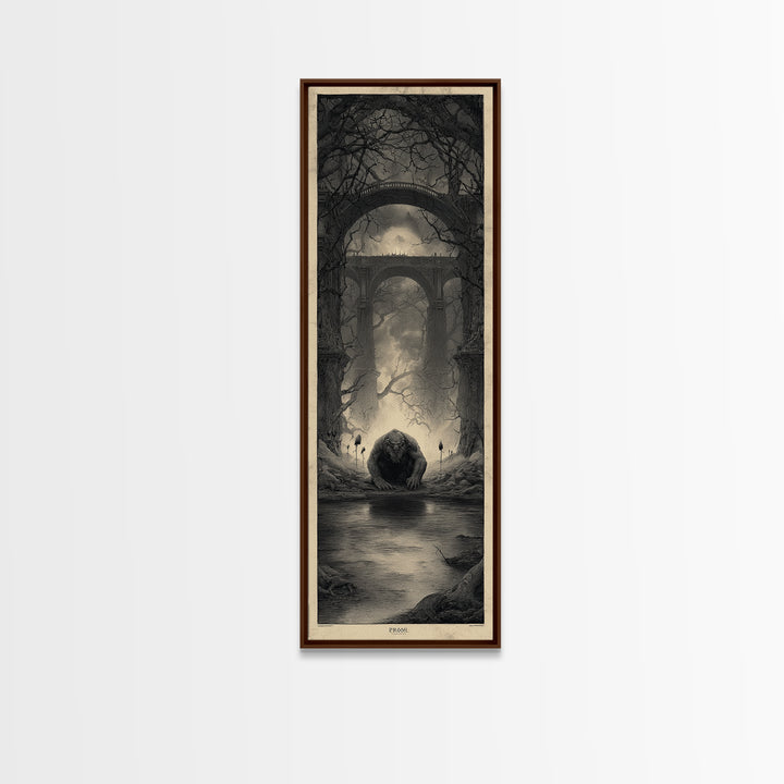 The Bridge Troll At Midnight, Surreal Apocalyptic Art, Tall Narrow Wall Art, Gothic Horror Wall Art, Canvas Print