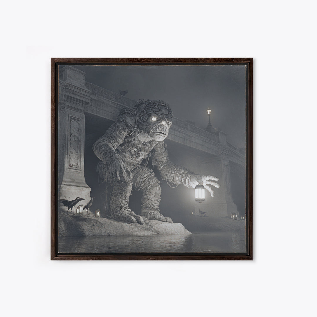 The Bridge Troll At Midnight, Biomechanical Horror Art, Square Wall Art, Dark Halloween Decor, Canvas Print, Halloween Wall Art