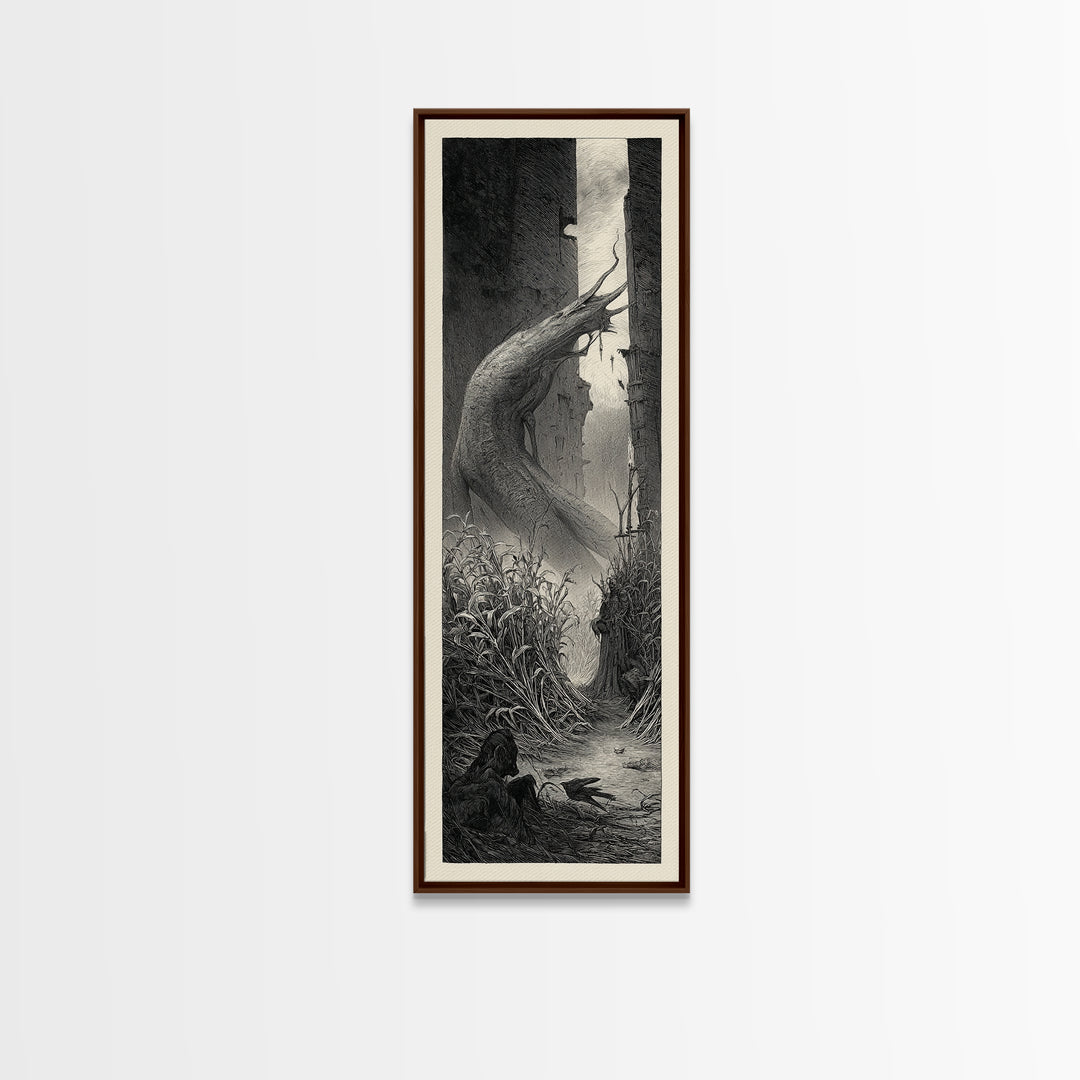 The Cornfield Crawler, Gothic Engraving Art, Tall Narrow Wall Art, Dark Halloween Decor, Canvas Print, Halloween Wall Art