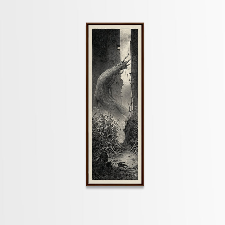 The Cornfield Crawler, Gothic Engraving Art, Tall Narrow Wall Art, Dark Halloween Decor, Canvas Print, Halloween Wall Art